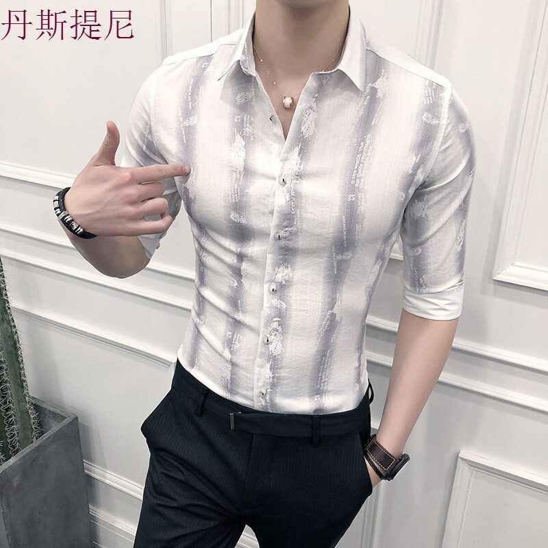 衬衫男短袖修身夏季韩版潮流帅气型师休闲七分袖衬衣男中袖寸衫 套餐西裤减20元 气质白