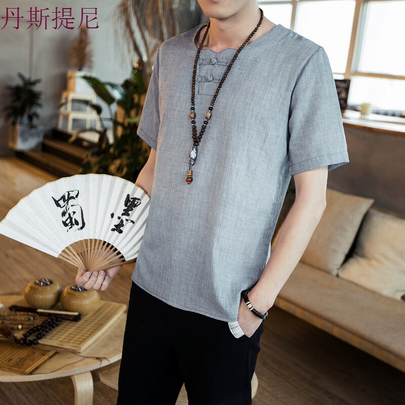 中国风棉麻T恤男装中式短袖麻料盘扣中袖上衣大码亚麻T恤夏季宽松_15_5 2XL 浅蓝色