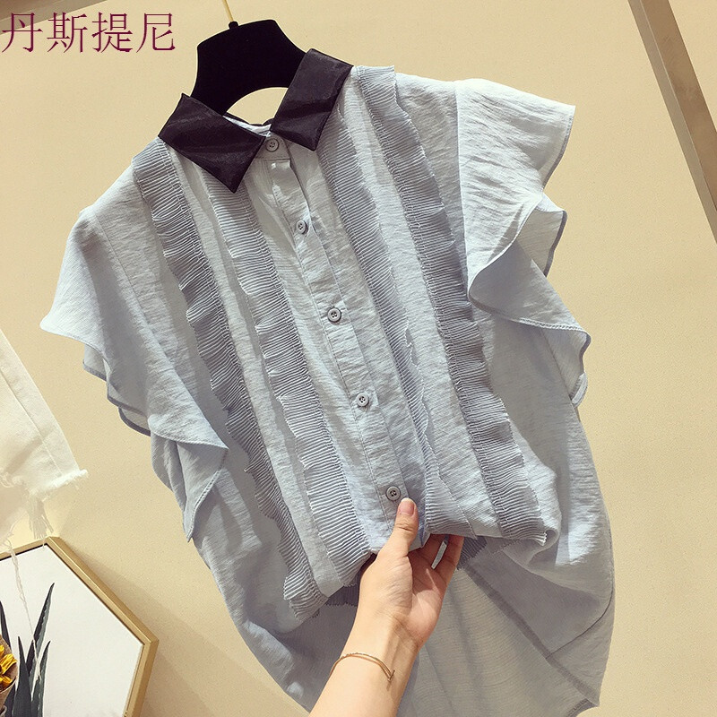 荷叶边上衣女夏季2018新款韩版娃娃衫宽松显瘦飞飞袖短袖洋气小衫 M 粉色