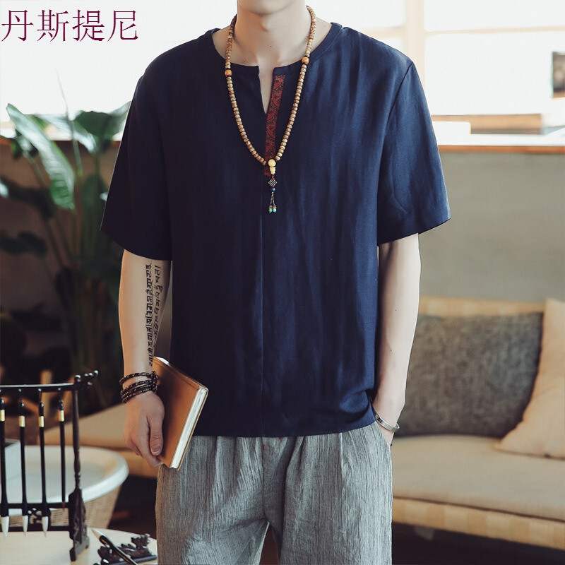 夏季亚麻T恤男宽松中国风男装加肥加大胖子大码男t棉麻体恤上衣_0 4XL 藏青色