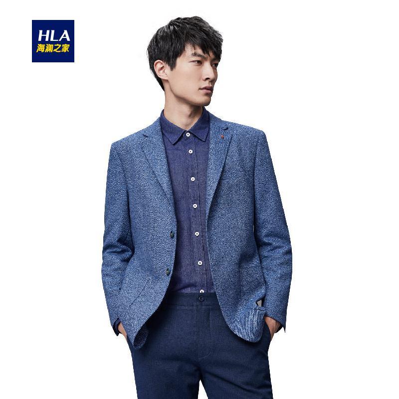 HLA海澜之家羊毛混纺斜纹休闲西服2018秋季新品修身单西外套男 170/92B 牛仔蓝花纹89