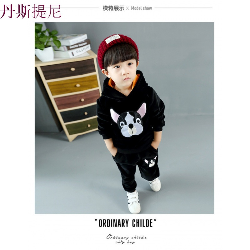 童装男童1-3周岁4潮宝宝金丝绒套装加绒加厚外套裤子婴儿小孩衣服_1 100cm 深黑色小狗银狐绒两件套