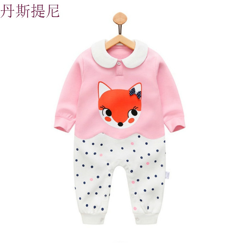 婴儿连体衣秋季衣服新生儿纯棉爬服3-4月男女宝宝纯棉衣服可开裆 80码建议9个月-1岁 小狐狸连体-粉色