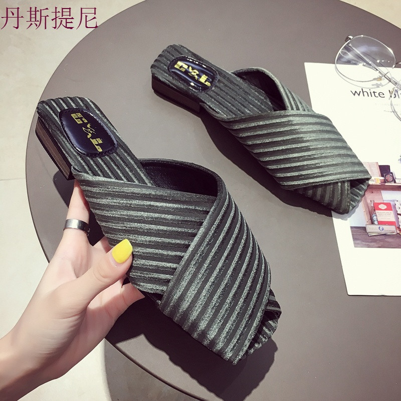 拖鞋女夏外穿2018新款百搭社会韩版时尚包头半拖平底网红粗跟凉拖 绿色 38