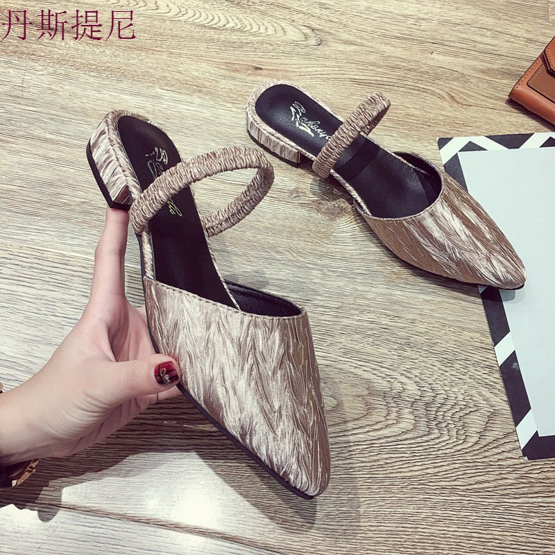 晚晚粗跟字百搭学生平底尖头包头一鞋两穿半拖鞋凉鞋女夏2018新款 香槟色 39