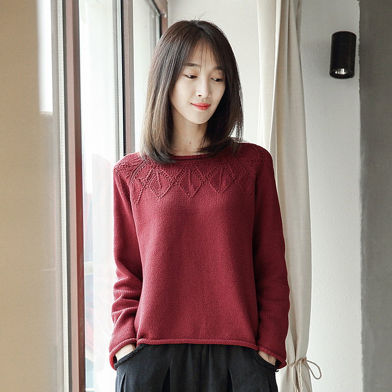 素缕秋装女2018新款文艺宽松长袖套头打底针织毛衣女SL7402鑫 L 红色