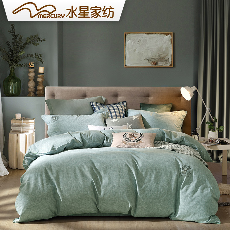水星(MERCURY)家纺 刺绣全棉磨毛活性印花四件套 弗朗西斯床上用品1.8m床 灰豆绿 1.5M（5英尺）床