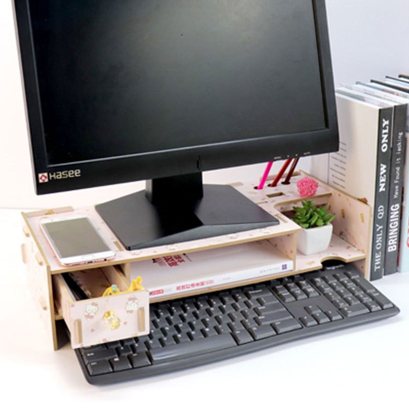台式电脑液晶显示器增高架子办公桌面收纳盒抽屉式置物架键盘木质创意简约家居家用收纳层架 8001升J版