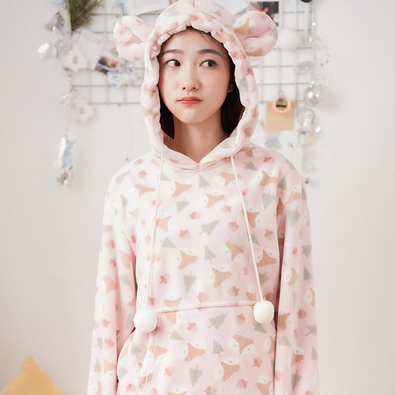 顶瓜瓜睡衣女秋冬珊瑚绒保暖套头可爱少女家居服套装情侣两件套 170 粉色89050