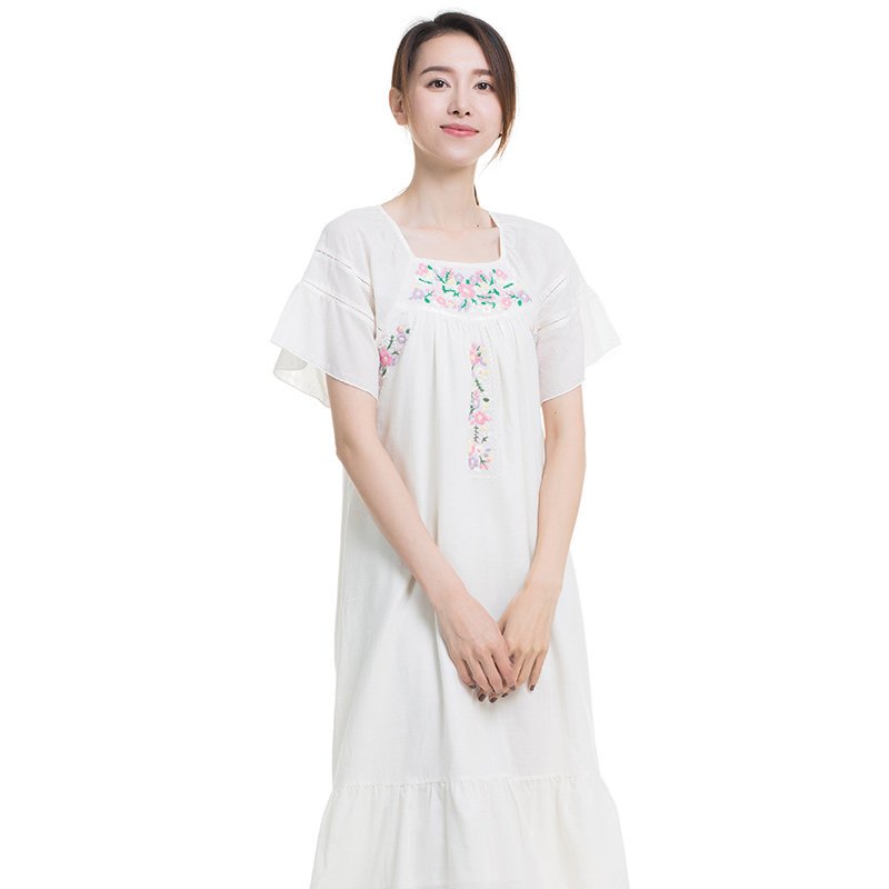 顶瓜瓜顶呱呱睡衣女夏纯棉刺绣睡裙绣花夏季简约舒适宽松家居服 160 米白色-80372