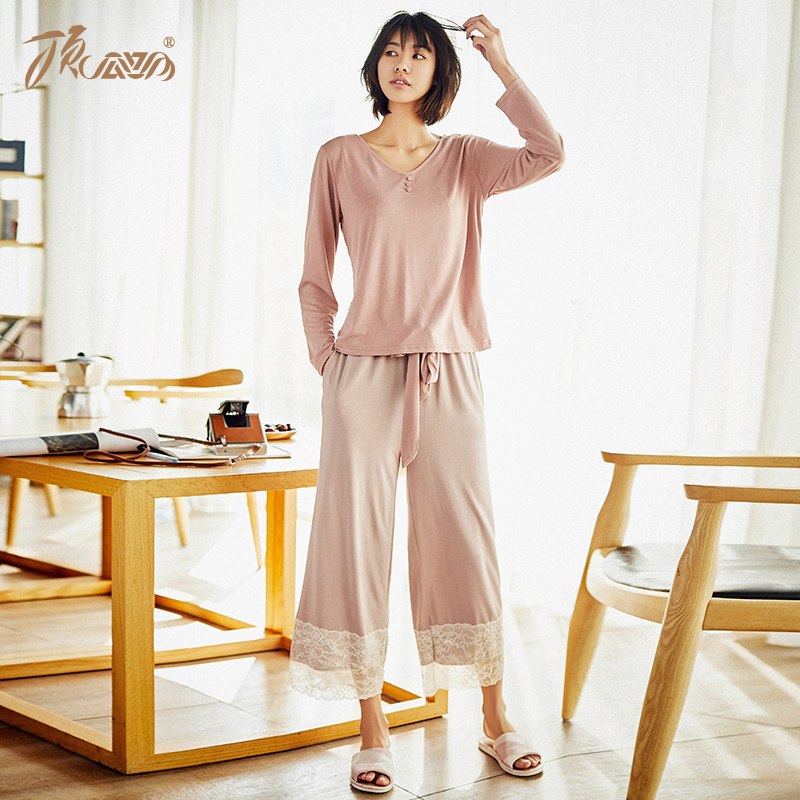 顶瓜瓜莫代尔睡衣女长袖长裤两件套薄款清凉宽松韩版家居服顶呱呱 均码 粉色-21084