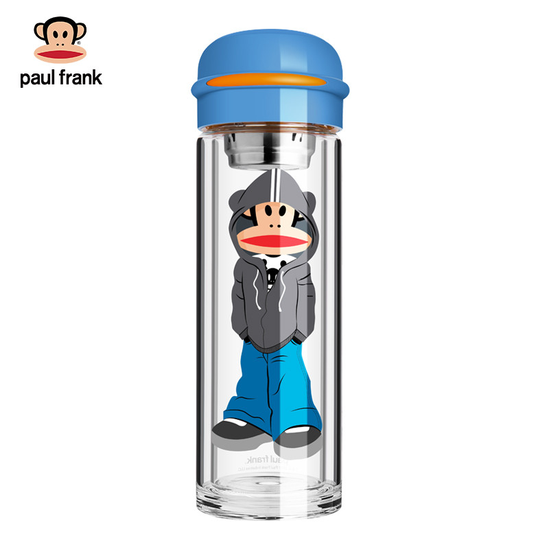 大嘴猴(Paul Frank)可爱玻璃杯240ML女学生水杯双层办公室花茶杯便捷随手杯(不保温） 男神款-蓝色