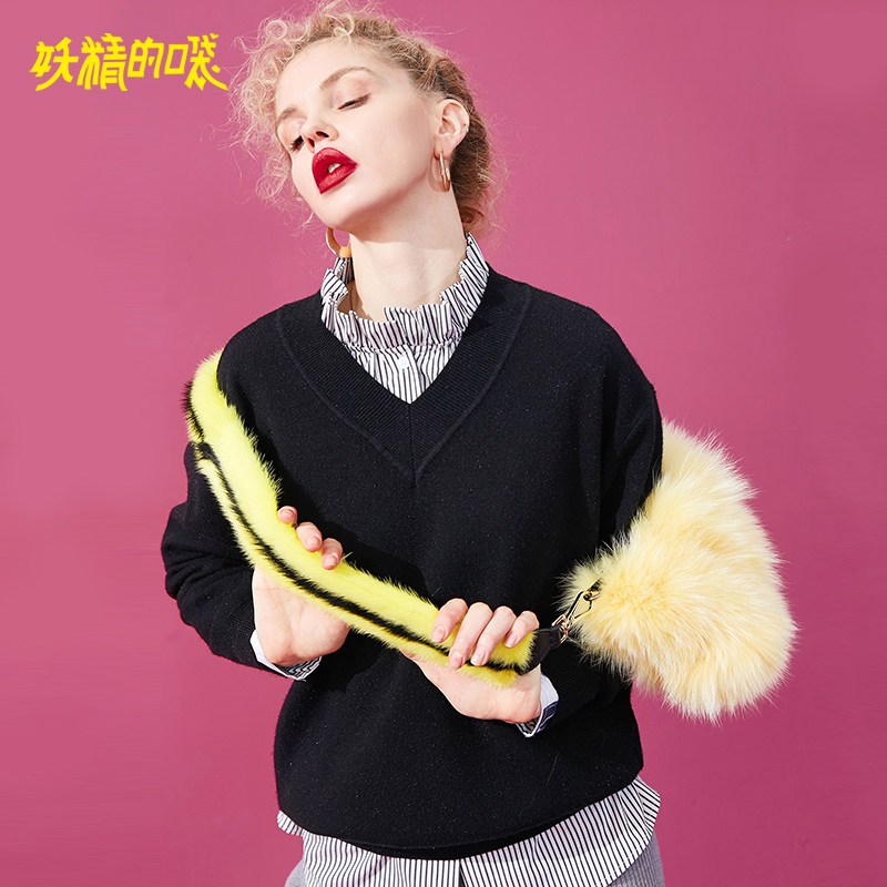 妖精的口袋Y通勤v领针织衫女韩版秋装2018新款短款chic早秋毛衣Q L 俏皮黑色