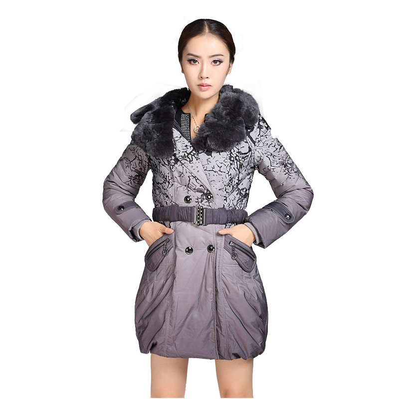 大羽女士羽绒服中长款修身双排扣大毛领鸭绒服大码冬装外套8957 170/92 灰印花