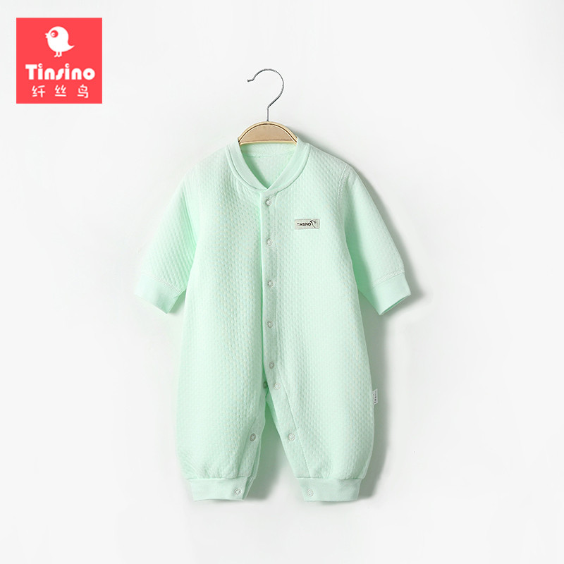 婴儿连体衣纯棉加厚春秋睡衣儿童哈衣保暖宝宝冬装新生儿衣服冬季 66cm 水绿