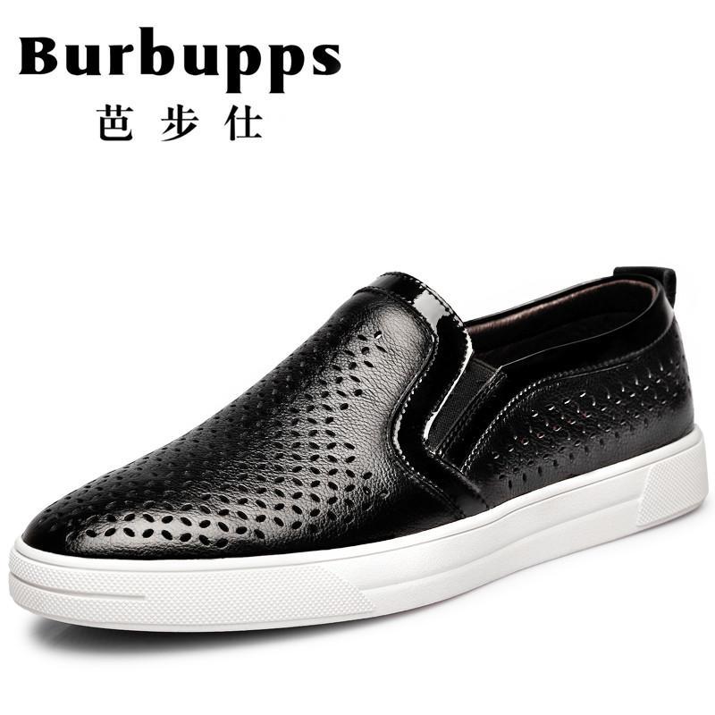 Burbupps法国芭步仕2018秋尚新镂空皮鞋透气男鞋真皮休闲皮鞋洞洞鞋男 黑色 37码