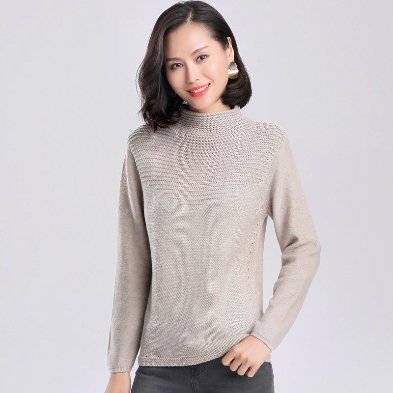 恒源祥显瘦厚毛衣女针织衫秋冬新款纯羊毛衫长袖百搭半高领套头衫_1 160/S 浅卡其