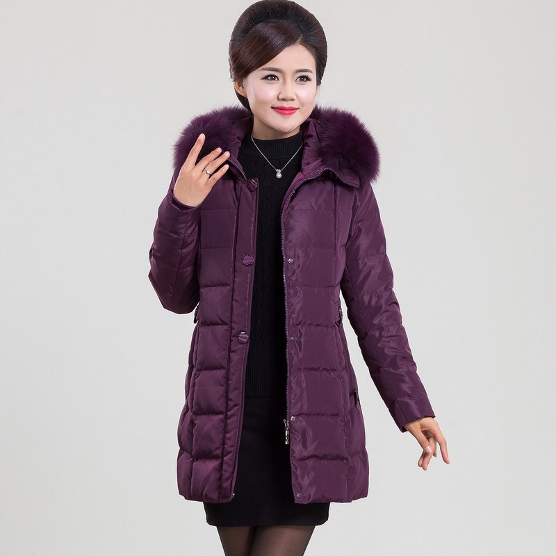 恒源祥羽绒服女中长款毛领2018冬装鸭绒加厚大衣中老年妈妈装外套_1 180/100A 深紫
