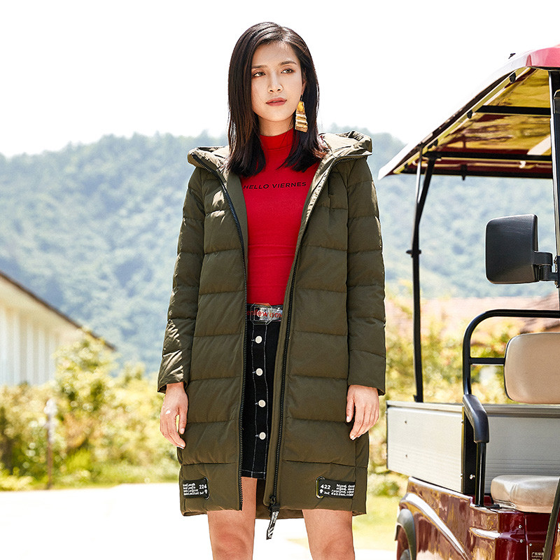 千仞岗2018新款中长款羽绒服女纯色连帽休闲时尚羽绒服229132 170/L 88503海藻绿