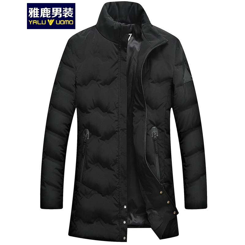 雅鹿男装2018冬季新款中年时尚羽绒服加厚中长款立领休闲外套潮 185/XXL 黑色