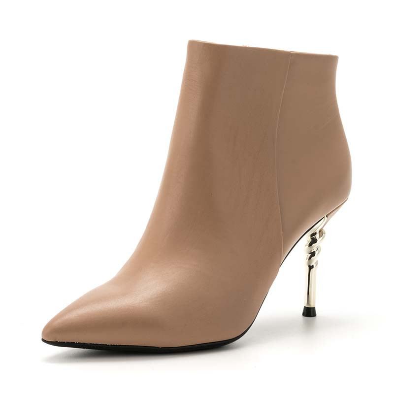 星期六(ST&SAT)冬季牛皮革尖头高跟细跟时尚短靴女SS74116663 卡其色 39码