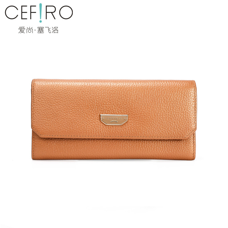 CEFIRO/塞飞洛钱包女士2018新款长款风琴包纯色零钱包经典手拿包头层牛皮真皮软皮百搭休闲薄款多功能多隔层三折钱夹潮 杏色