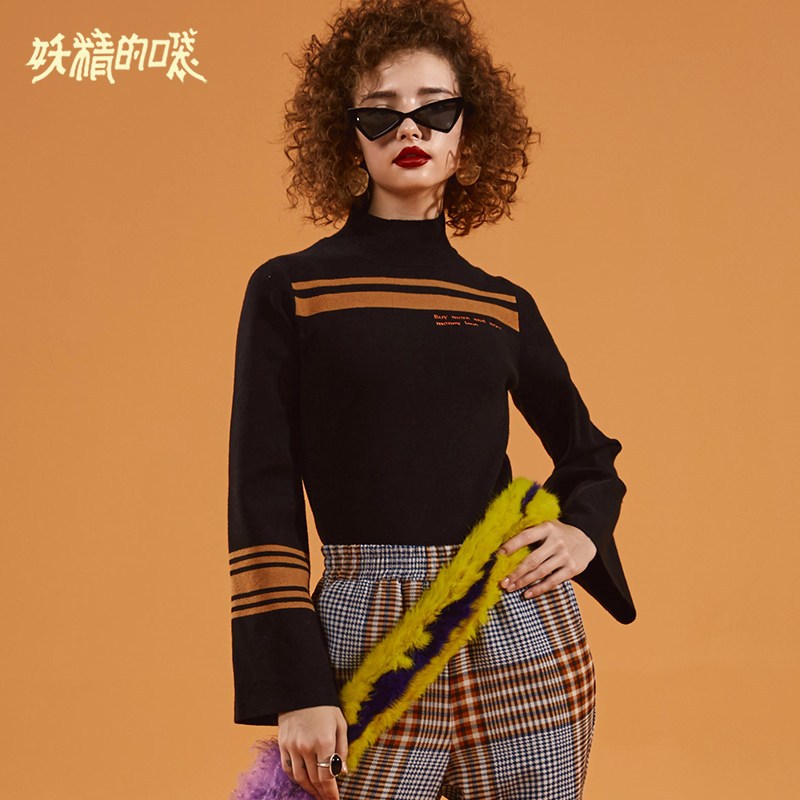 妖精的口袋Y针织衫女长袖薄款宽松韩版秋季2018新款短款套头毛衣J XL 都市黑色