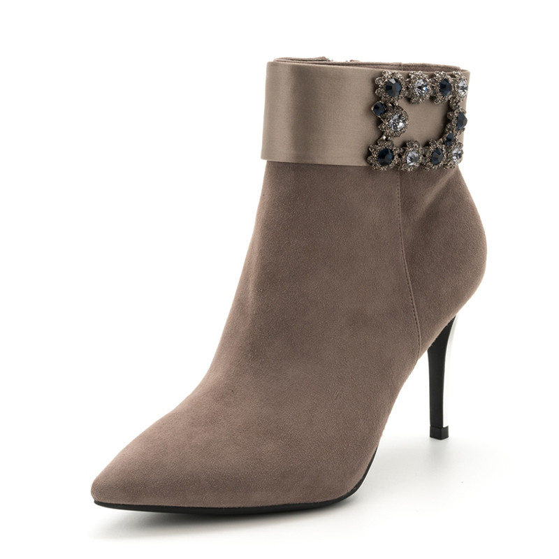 星期六(ST&SAT)冬季羊反绒金属装饰尖头高跟细跟时尚短靴女SS74116357 浅灰色 38码