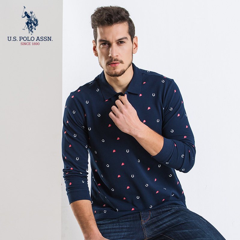 长袖T恤男春秋官方新品纯棉修身时尚商务休闲纯色宽松翻领polo衫 165/S 58015-藏蓝色印花