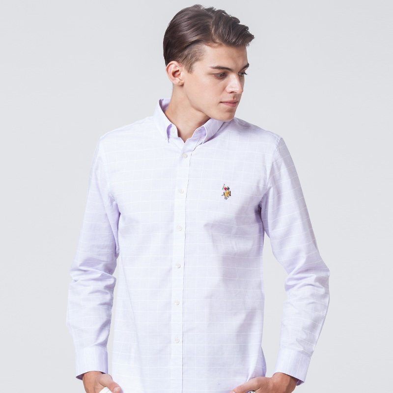 U.S.POLOASSN.男士长袖衬衫春秋新品修身青年时尚休闲格子衬衣 S/165 紫色格