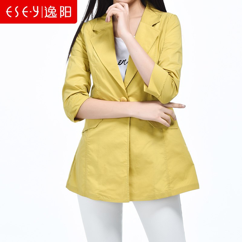 清仓2018春装季新品七分袖彩色中长款西装一粒扣外套上衣女0931_3 L 黄色