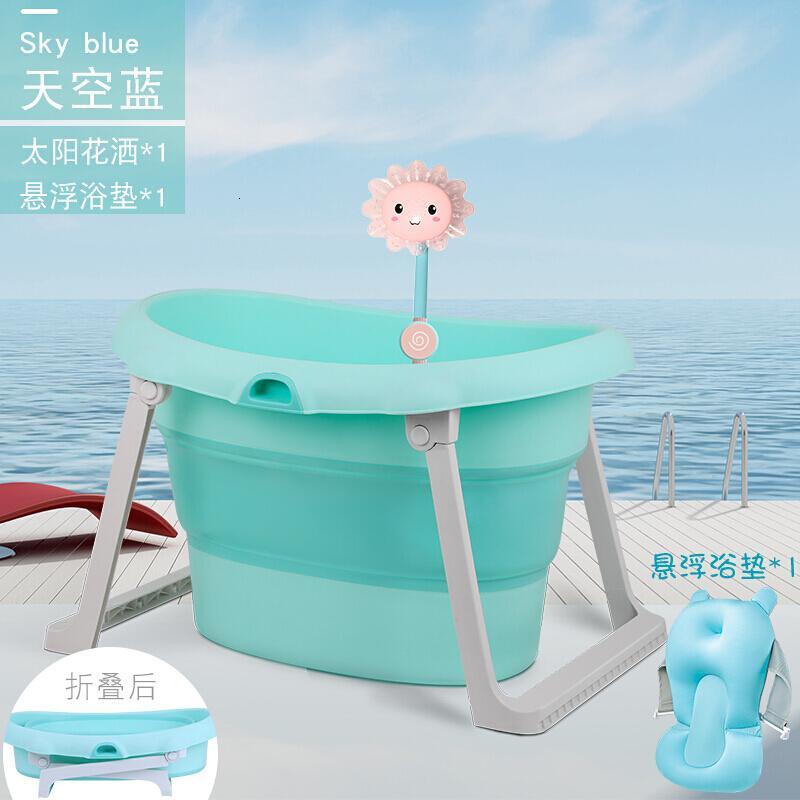 婴儿洗澡盆可坐可躺通用宝宝折叠大号浴桶儿童加厚多功能_2 大号天空蓝浴桶+花洒+浴垫