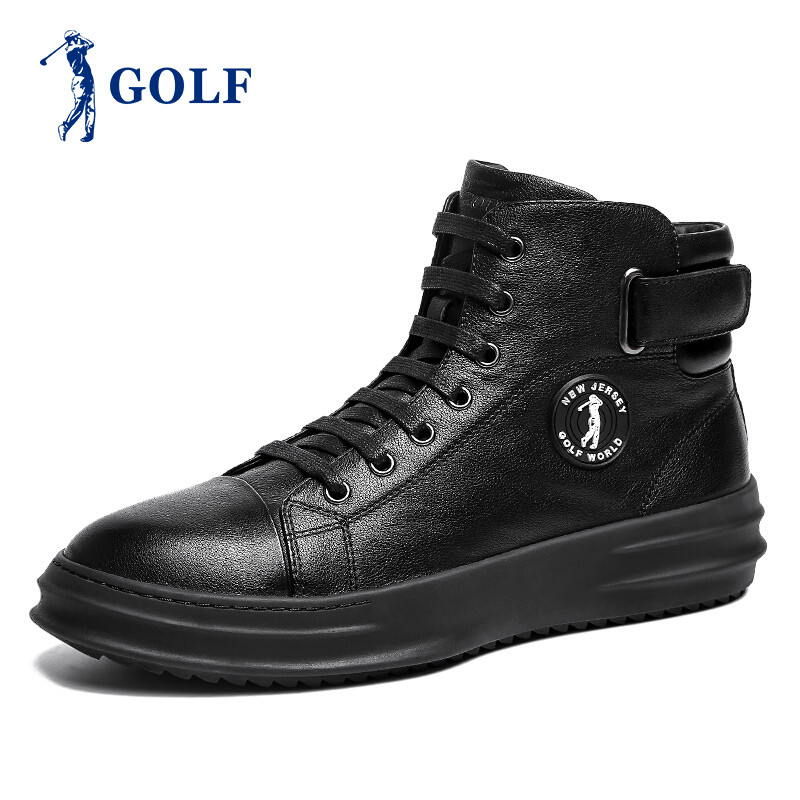 GOLF/高尔夫新品休闲板鞋男时尚韩版潮流厚底增高真皮系带高帮鞋子男 黑色男款 41