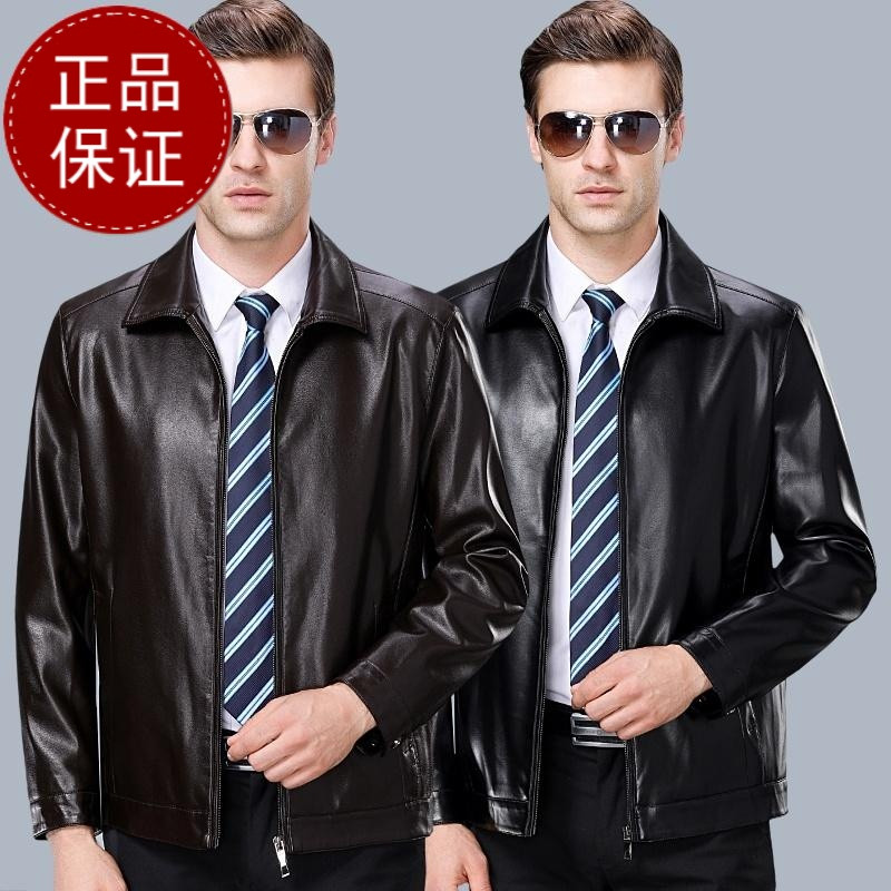 正品男装正品海宁皮衣男绵羊皮真皮翻领大码商务休闲2018秋装新款真皮夹克官方旗舰店特卖特卖 165 黑色