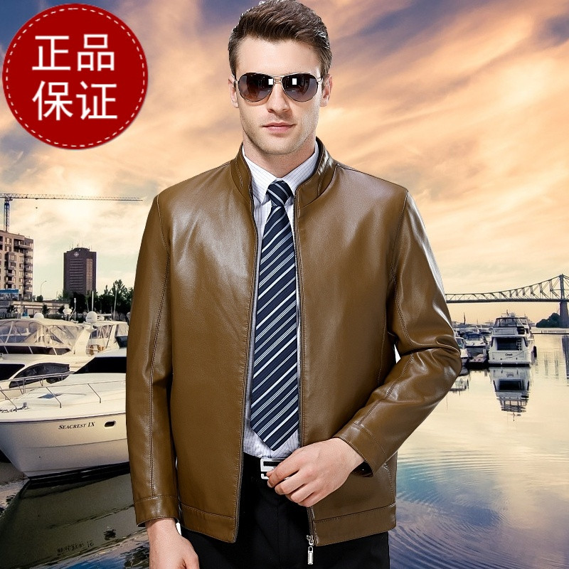 海宁秋冬加绒中年男士皮衣绵羊皮翻领宽松爸爸装休闲真皮皮外套翻领皮夹克休闲外套潮 2151棒球领酒红单皮 190/3XL