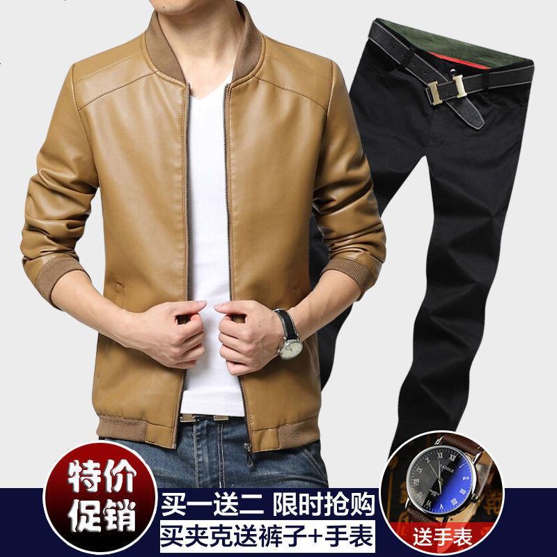 幸福时光【买一送二】夹克男2018秋冬季男装韩版修身皮衣男潮流男装短外套PU皮夹克褂子_4_7_5 上衣L+裤子30+手表 卡其色上衣+裤子
