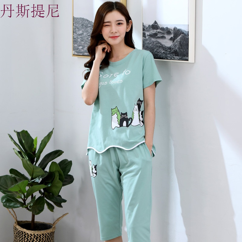 睡衣女夏套装纯棉短袖七分裤两件套薄款中裤大码宽松家居服可外穿_2_6 M(80-95斤) C803