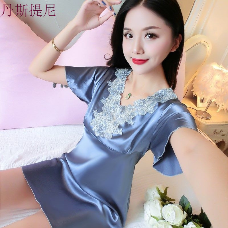新款睡裙女夏冰丝连衣裙家居服大码宽松薄款丝质甜美蕾丝短袖睡衣_4 175(XXL) 287烟灰色