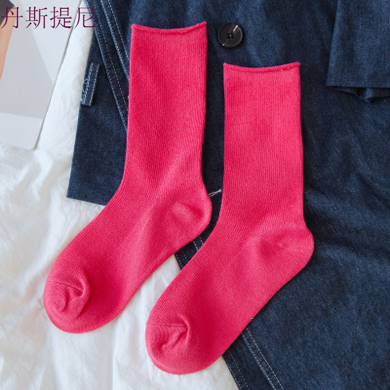 袜子女薄款堆堆袜中筒纯棉夏季韩版学院风百搭宝蓝色紫色潮长袜子_1 均码 玫红色3双