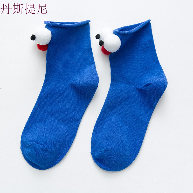 ins抖音立体大眼睛袜子女春秋款3d短袜可爱搞怪卡通中筒袜长袜潮 眼睛在后 宝蓝色3双