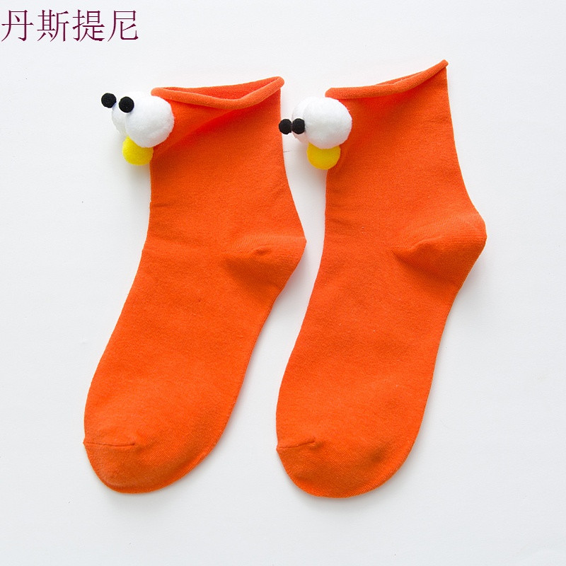 ins抖音立体大眼睛袜子女春秋款3d短袜可爱搞怪卡通中筒袜长袜潮 眼睛在前 橘色3双