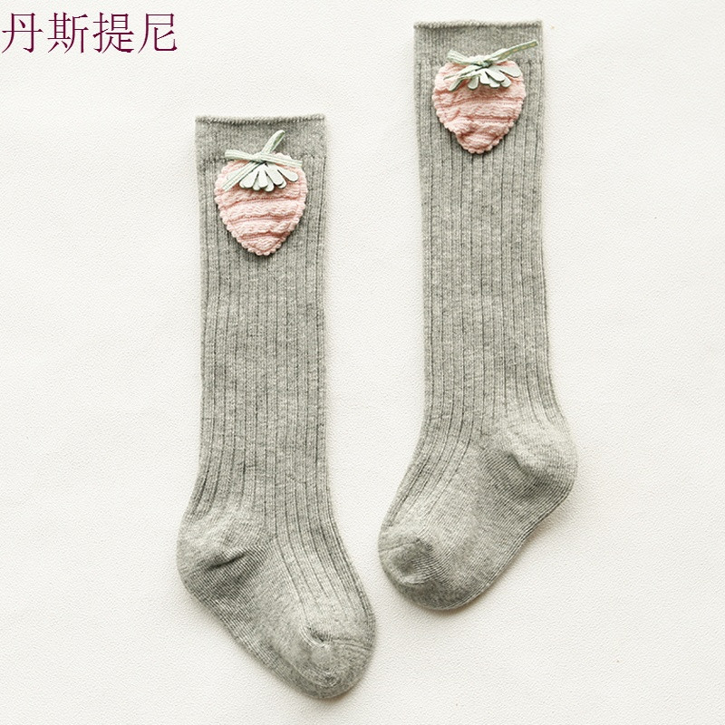 婴儿高筒袜春秋纯棉宝宝袜子过膝长筒日韩潮流秋冬女童袜0-1-3岁 S码脚底8-11CM建议0-1岁 灰色草莓（单双）