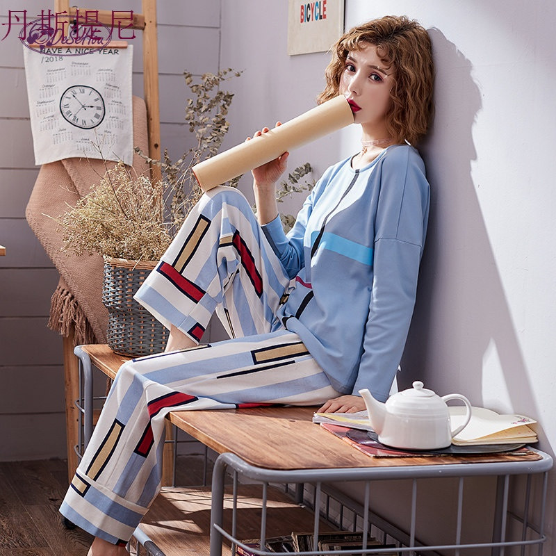 长袖睡衣女士春秋季纯棉可外穿韩版清新学生可爱两件套装家居服冬_6 L【纯棉送棉拖】 DSH5749