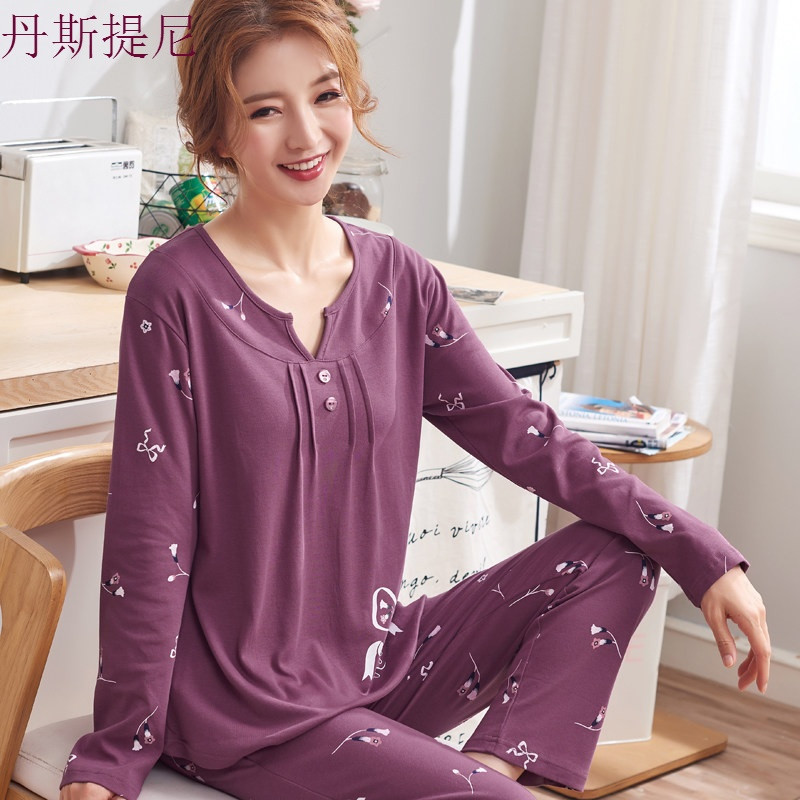 春秋季中年妇女长袖纯棉睡衣女士妈妈中老年人薄款宽松家居服套装_5 170(XL) LMSJ806