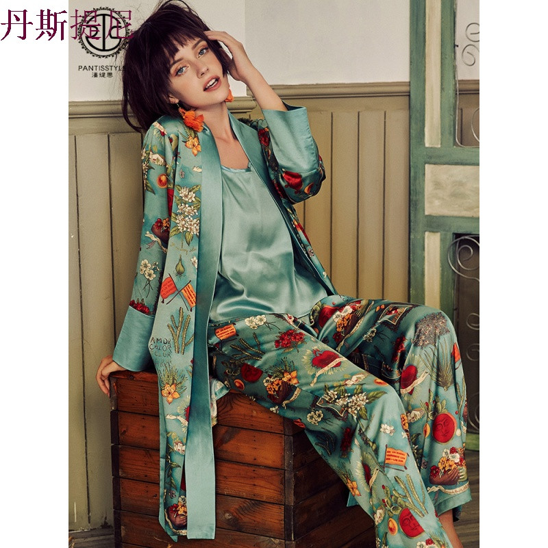 潘缇思性感睡衣女夏冰丝带艺术油画丝绸睡袍春秋家居服四件套装 均码 绿色四件套