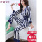 睡衣女秋四件套夏季浴袍休闲家居服宽松丝绸长袖可外穿套装春秋装_0 XL 藏青蓝(有胸垫&口袋)