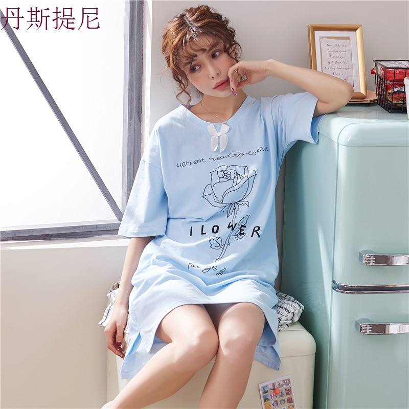 韩版睡裙女夏清新学生睡衣纯棉甜美可爱短袖宽松中裙可外穿秋冰丝 170(XL) 蓝色862玫瑰花
