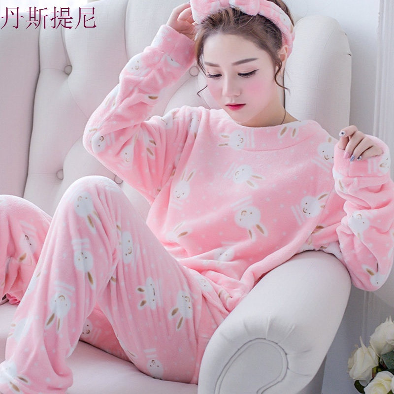 珊瑚绒睡衣女冬季春秋加厚加绒法兰绒套头套装韩版可爱家居服大码 XL(115-125斤) 171套头-粉色兔子