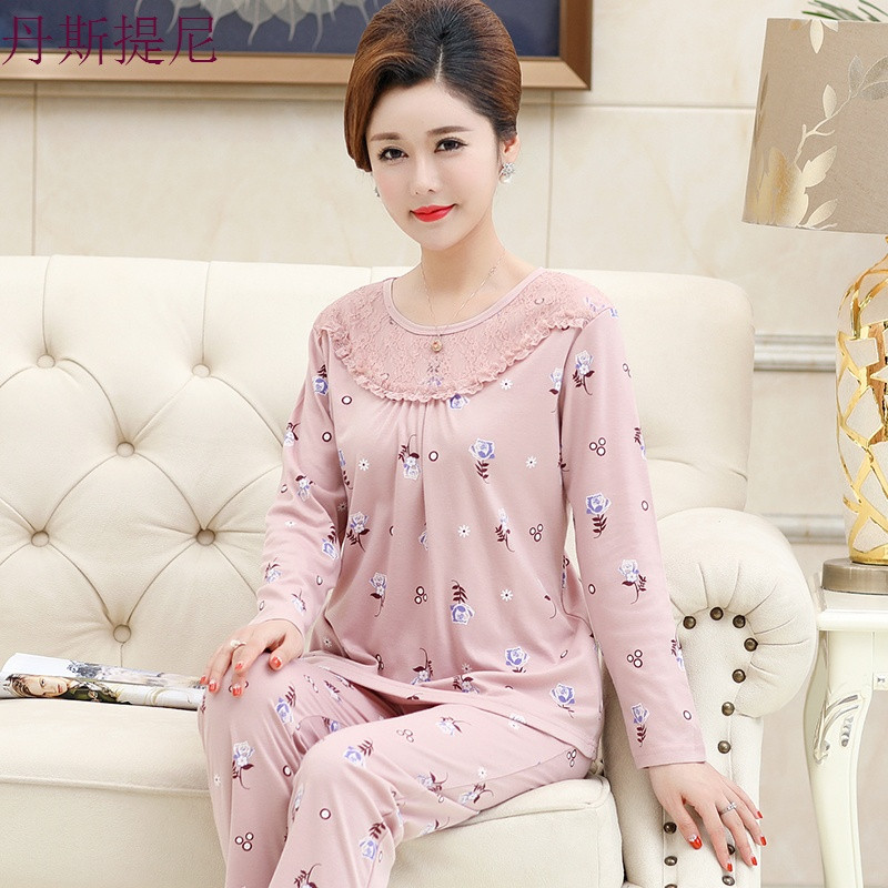 睡衣女长袖纯棉春秋中年妈妈婆婆秋季中老年人套装秋冬家居服宽松 M（推荐体重：80-100斤） Y3327套头款