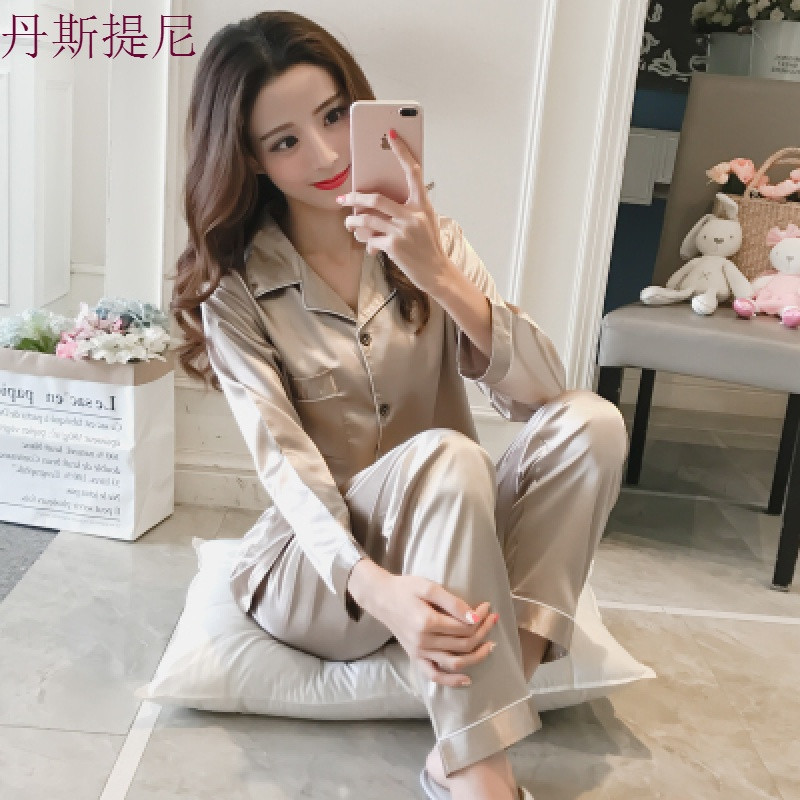 春秋季长款真丝睡衣女士长袖薄款夏季性感女冰丝绸两件套装家居服_12 M码建议80-99斤 JAN-141#金色